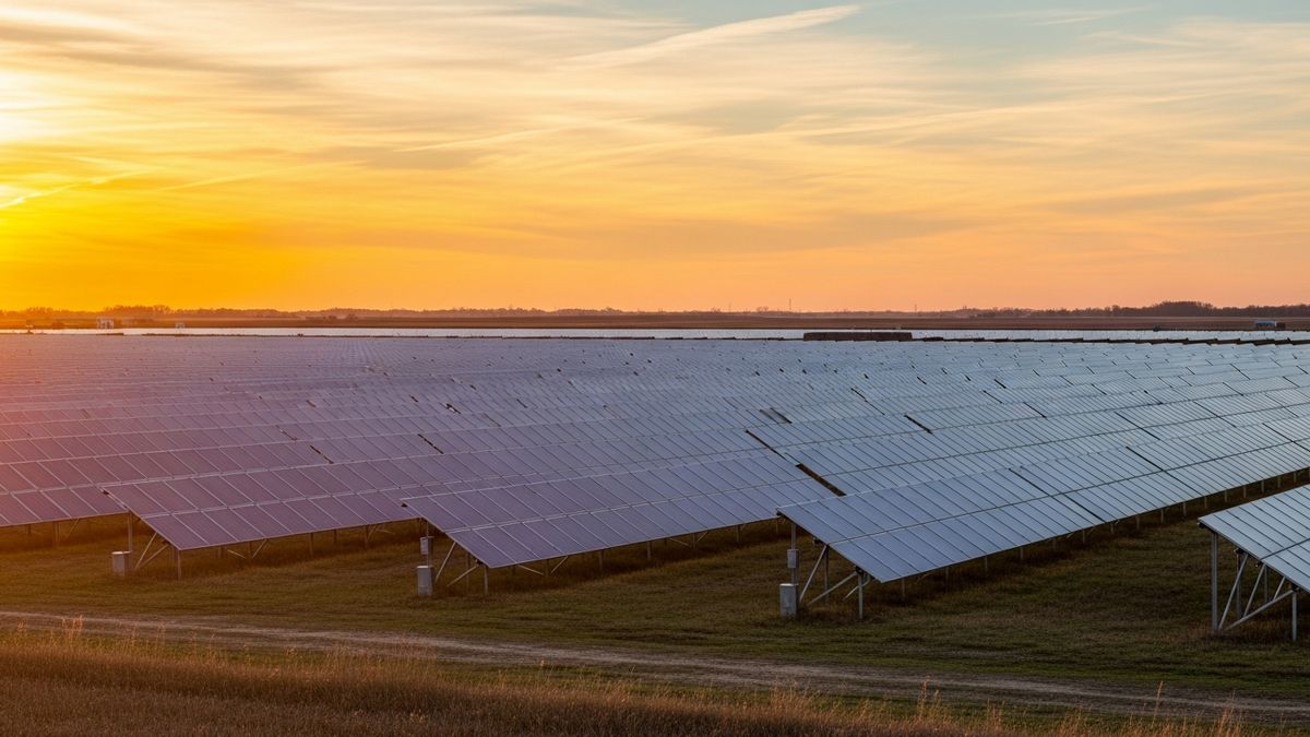 A large ground-mounted community solar array across Illinois farmland at golden hour